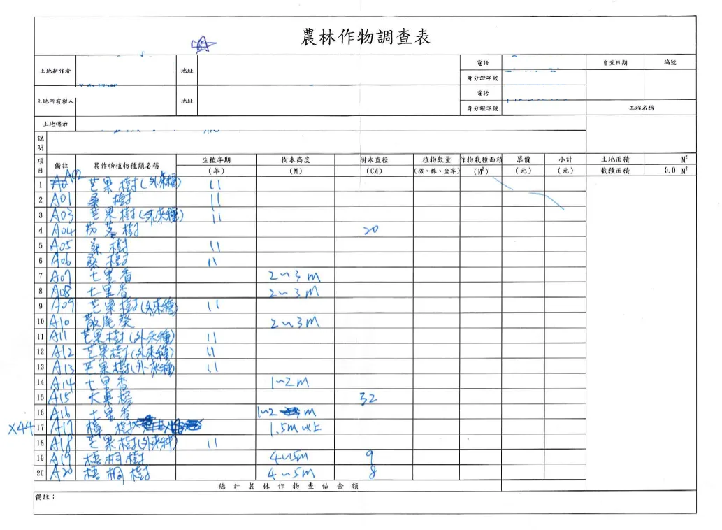 查估調查表手稿