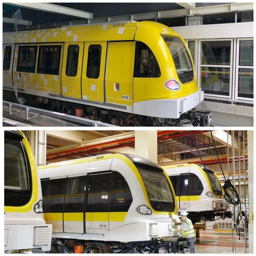 (新北環狀線列車以金黃色為主色調，其中5列車外觀更是以馬賽克方式做彩繪。)