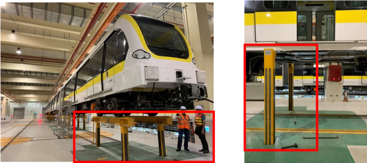 （圖說：黑黃色柱狀體為頂升設備，設備升起，使車體升高）