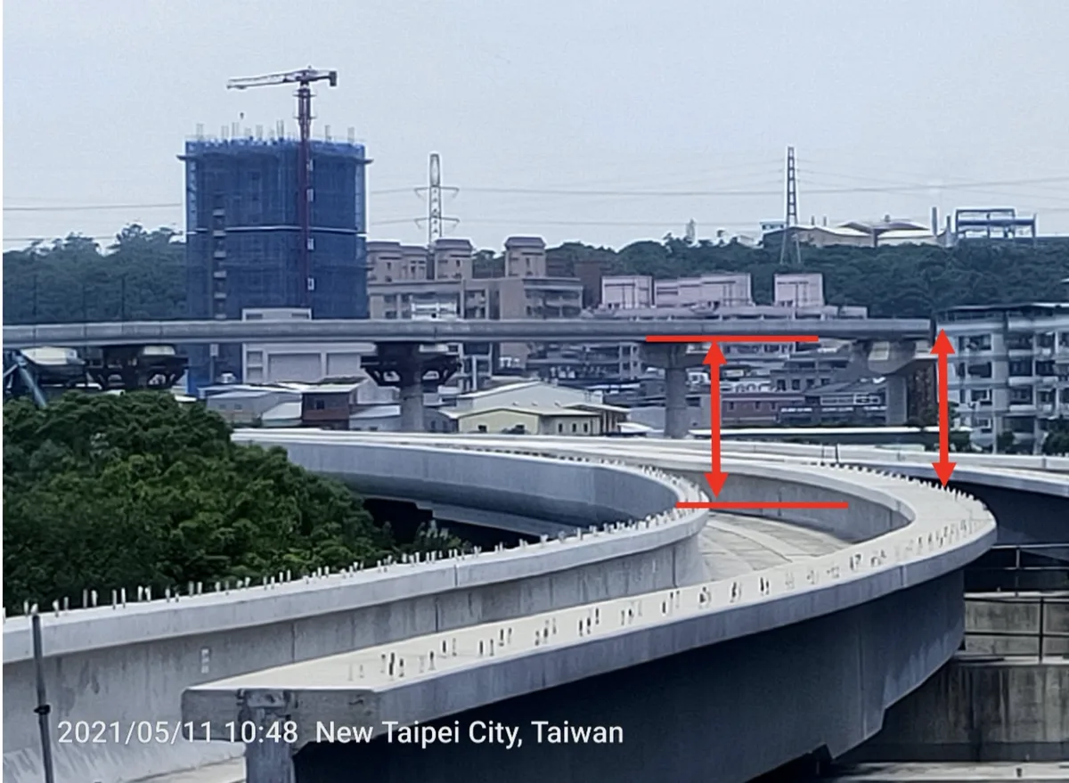 比較旁邊的建築物，發現軌道的高程差了4~5層樓