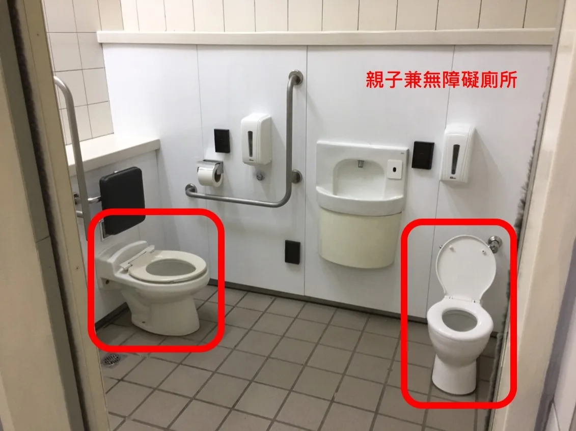 考慮父母帶著小朋友的如廁需求，不需要分開行動，減少孩子離開視線的風險