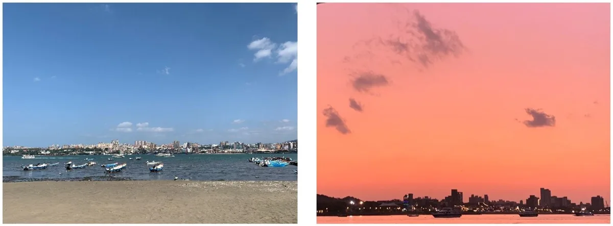 淡水區河岸景色(左圖)、八里區河岸夕陽景色