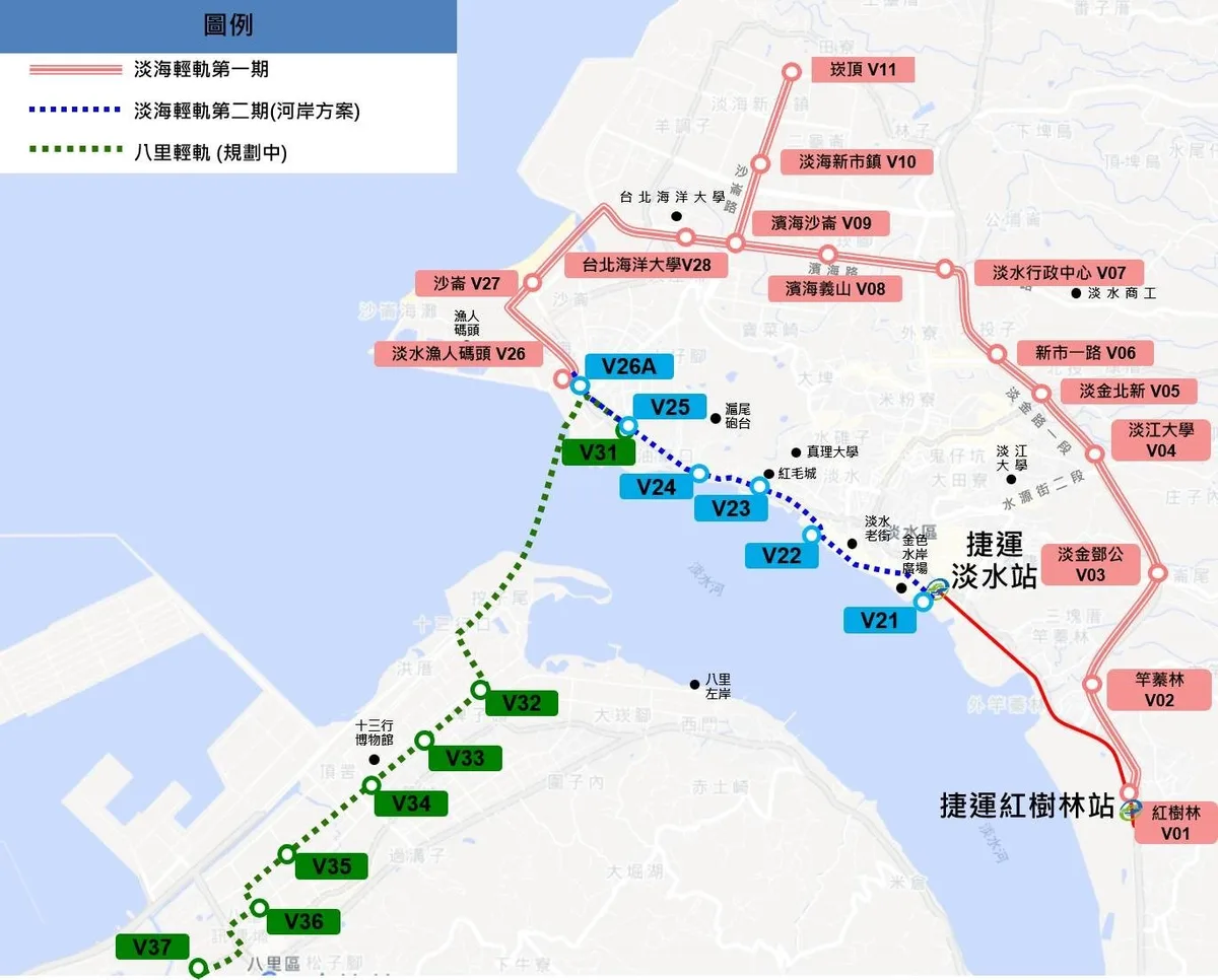 淡海輕軌連接八里輕軌路網圖