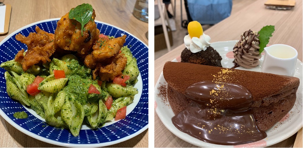 ▲炸雞青醬貝殼義大利麵 /巧克力鬆餅