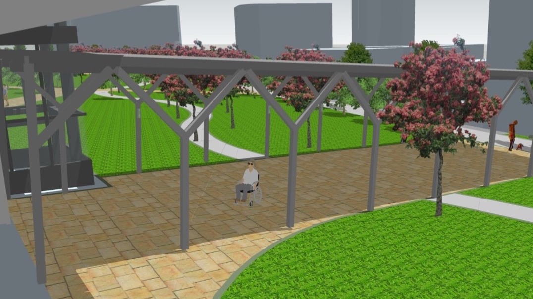 公園步道與前往捷運站出入口的人行空間皆為順接，以利無障礙通行（模擬示意圖，尚未核定）