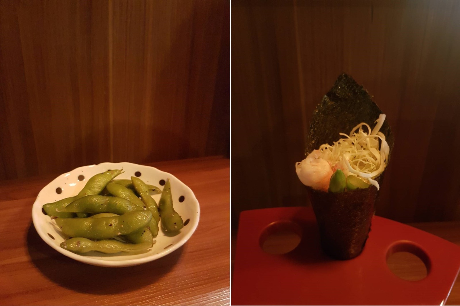 店家招待的毛豆 ∕ 第一道料理蝦手卷