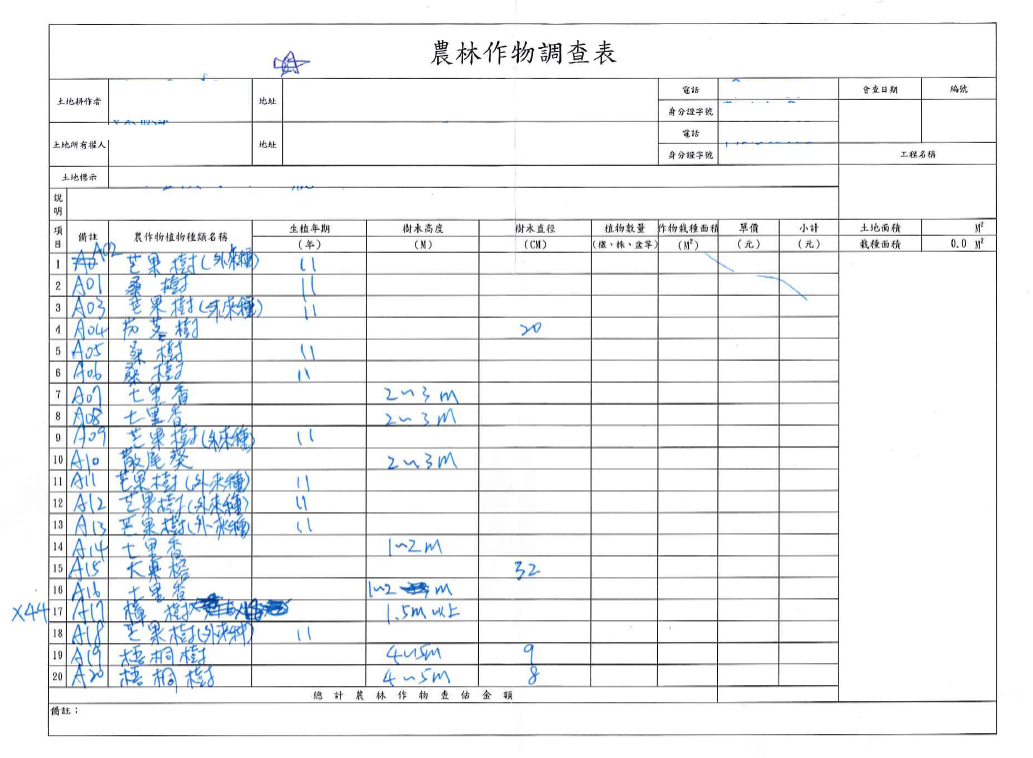 查估調查表手稿