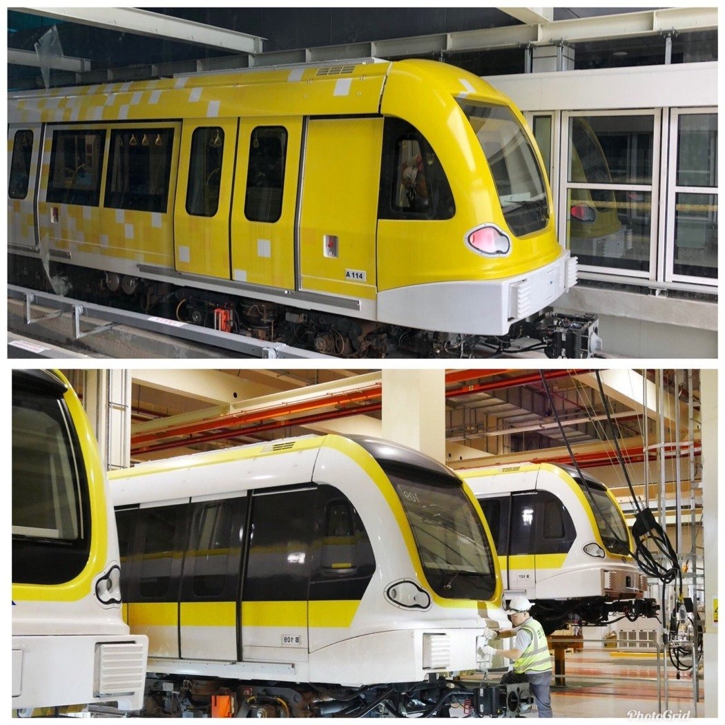 (新北環狀線列車以金黃色為主色調，其中5列車外觀更是以馬賽克方式做彩繪。)