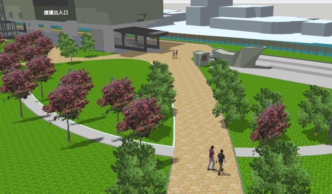 公園步道與前往捷運站出入口的人行空間皆為順接（模擬示意圖，尚未核定）
