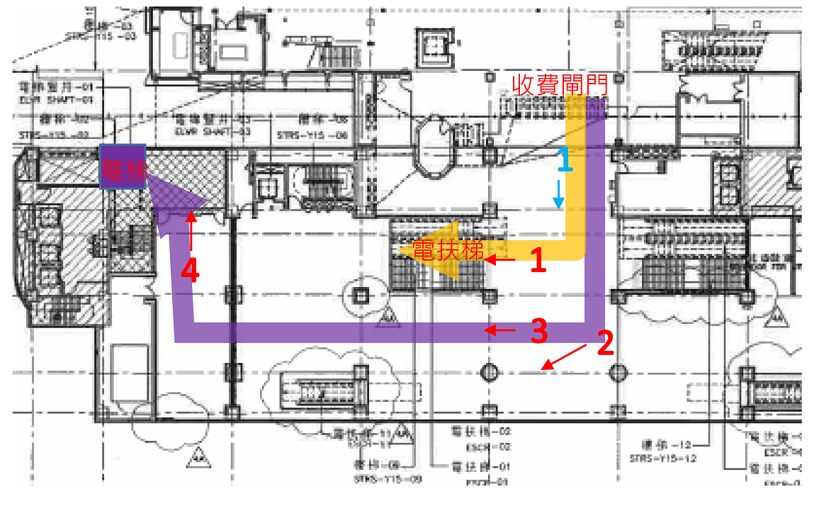 新北環狀線板橋站月台層往「新北市政府」動線示意圖及指標牌面增設位置（黃色：一般動線、紫色：無障礙動線）
