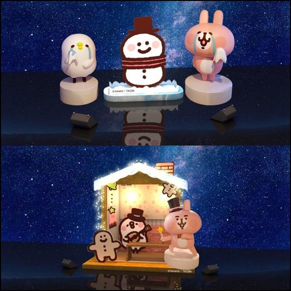 (卡娜赫拉的小動物一起堆雪人、P助與粉紅兔兔的魔法薑餅屋，亮燈時間：17:30-24:00，