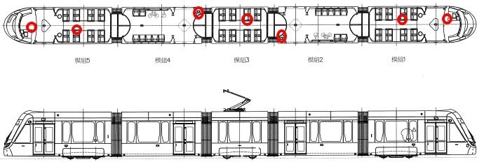 每個車廂模組與駕駛室皆配有一具加壓式乾粉滅火器，共有7個滅火器