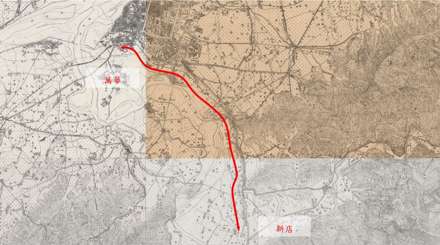 1921年地形圖，可以發現從萬華到新店間的鐵路路線