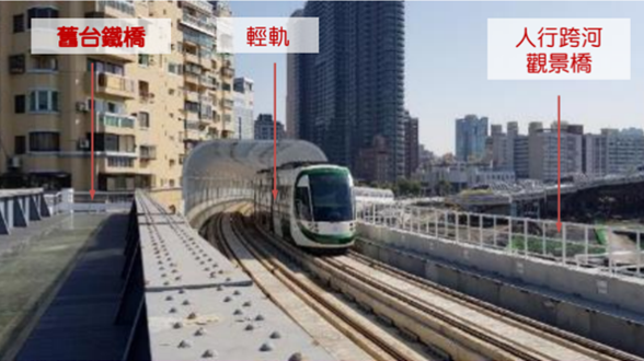 高雄輕軌「愛河橋」將原有的舊台鐵橋納入新橋結構中，延續城市記憶。